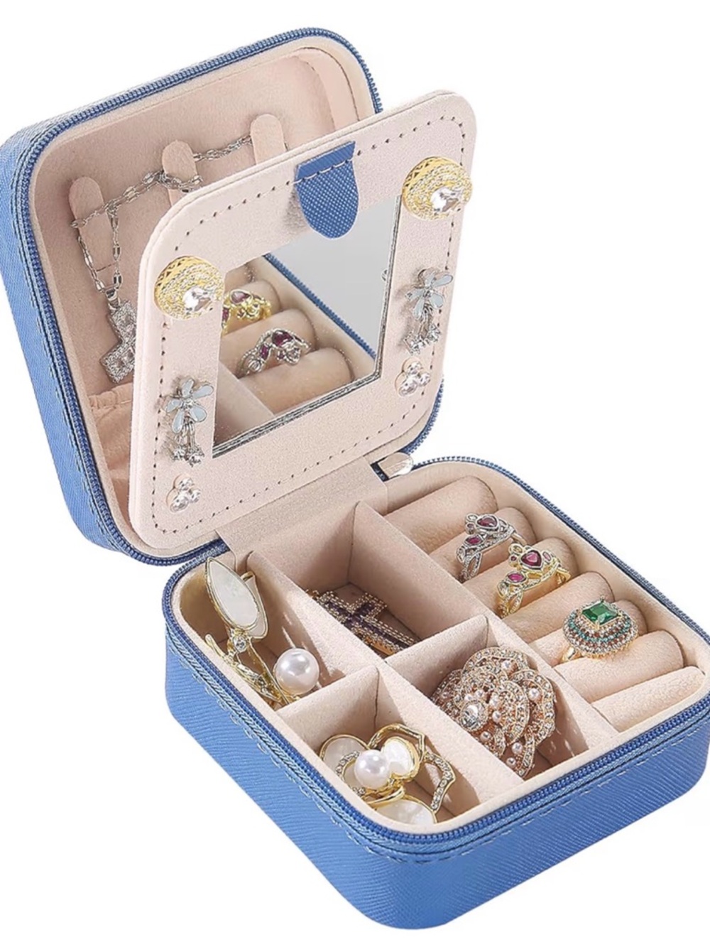 Portable Blue Travel Jewelry Case with Mirror and Ring Compartments